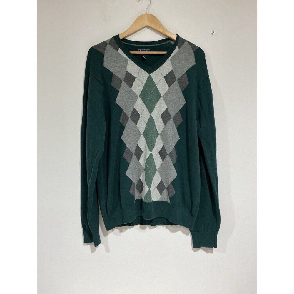 Men’s Bass Green Argyle Long Sleeve Pullover V Neck Sweater Large